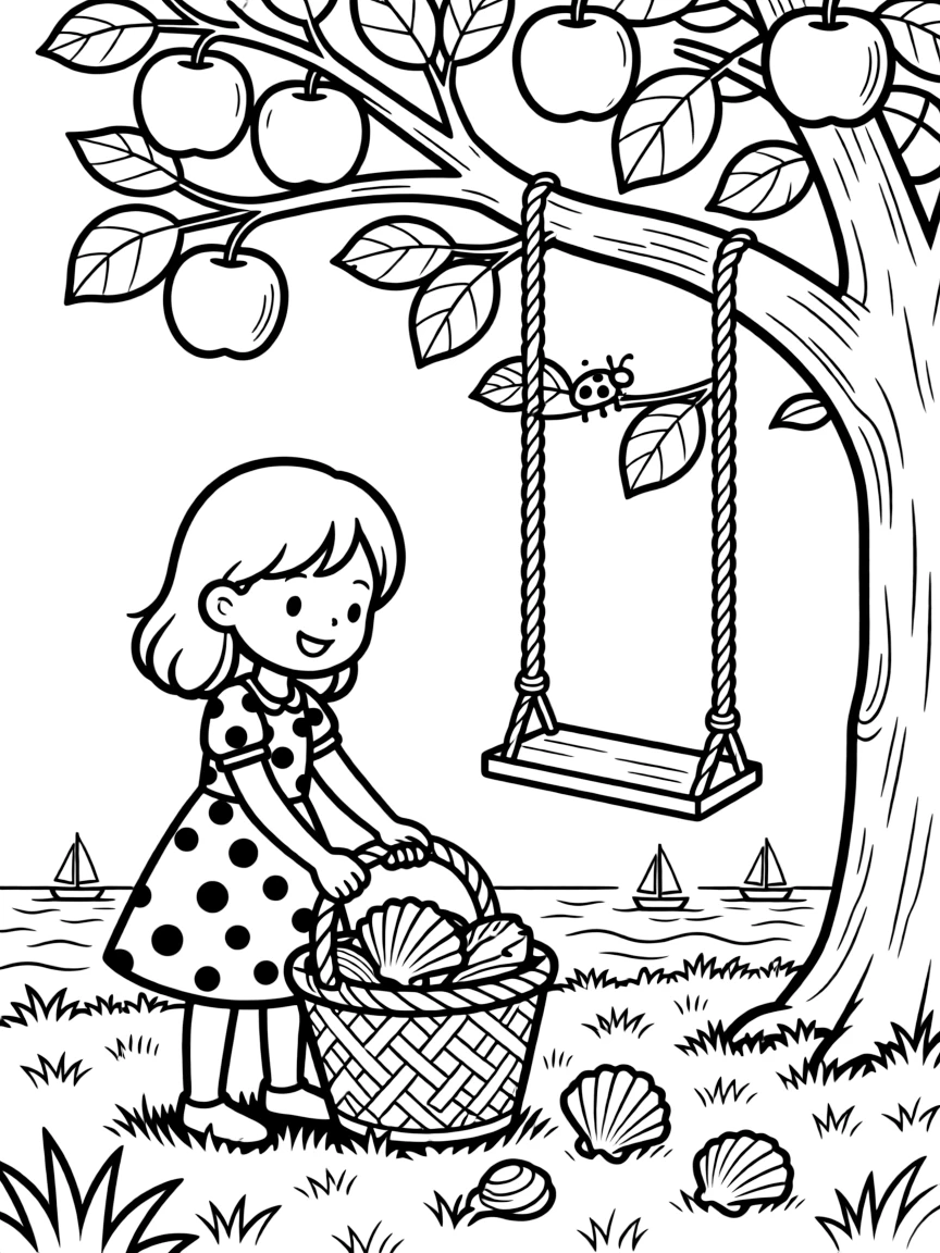 A girl in a polka-dot sundress is gathering seashells into a woven basket in an orchard swing hanging from an old apple tree. In the background, a curious ladybug resting on a leaf and little sailboats bobbing on the horizon make the scene feel magical.