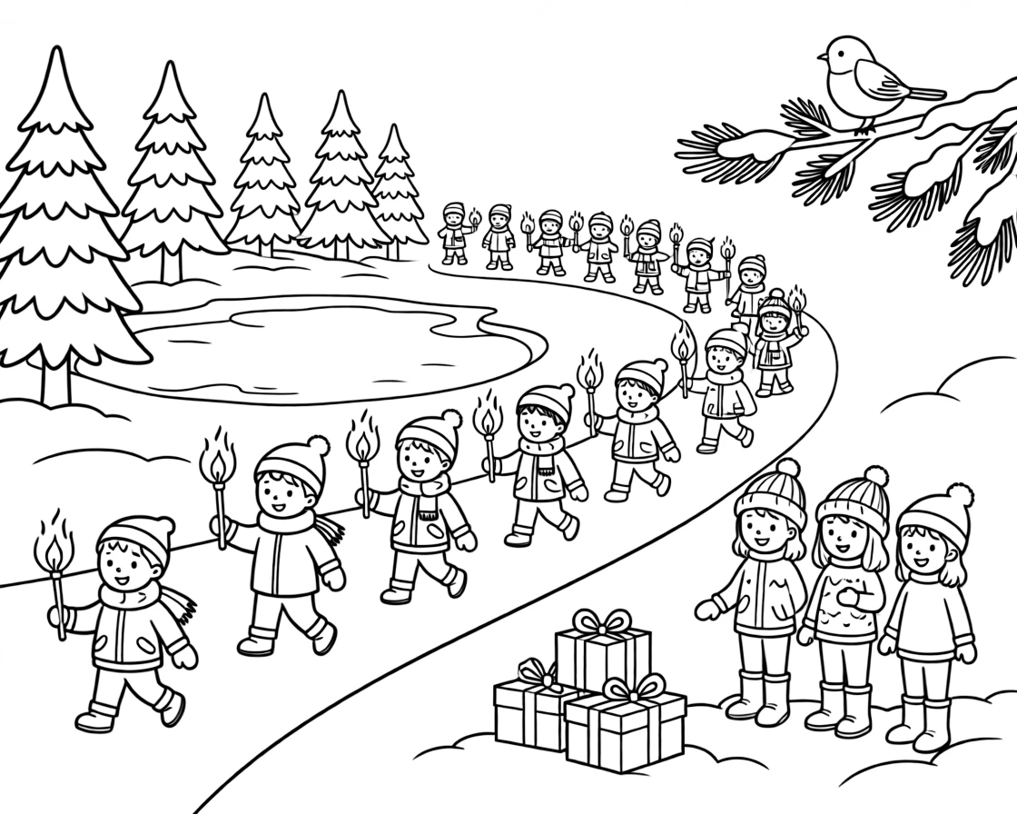 A torchlit parade winding through a snowy village on a frozen pond ringed by pine trees, while a group of three friends looks on nearby, a stack of wrapped gifts and a robin perched on a snowy branch completing the scene.