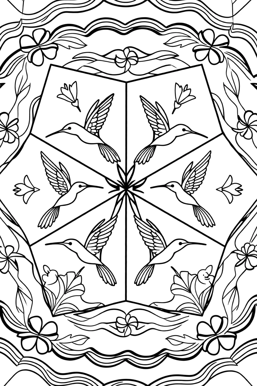 Birds: The design turns a hummingbird hovering beside a trumpet flower into a kaleidoscope-style composition anchored by a hexagon-based mandala built from six matching wedges. The imagery is split into four mirrored quadrants that meet at the center, each quadrant a rotated echo of the next. Decorative details fill the surrounding space, including rows of curling wave shapes, pinwheel blades spinning in place, and rows of gentle leaf veins branching outward woven throughout the background. A playful extra touch completes the page: a curious little mouse peeking out from behind one of the shapes.