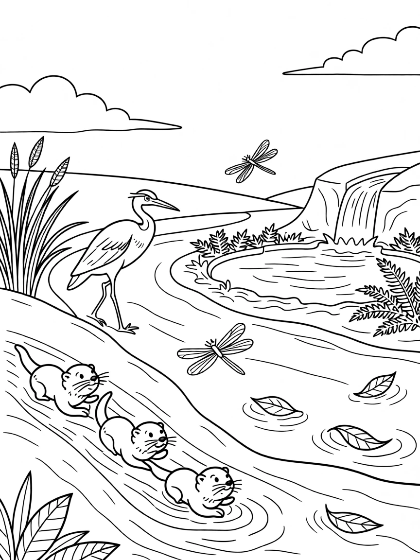 [River Adventures] A group of otters slide playfully down a muddy riverbank into the sparkling water below. Dragonflies hover above the water while a heron wades slowly near the reeds, hunting for fish. The river winds past a small waterfall tumbling into a clear pool ringed with ferns. A gentle current carries fallen leaves downstream beneath a sky full of drifting clouds.