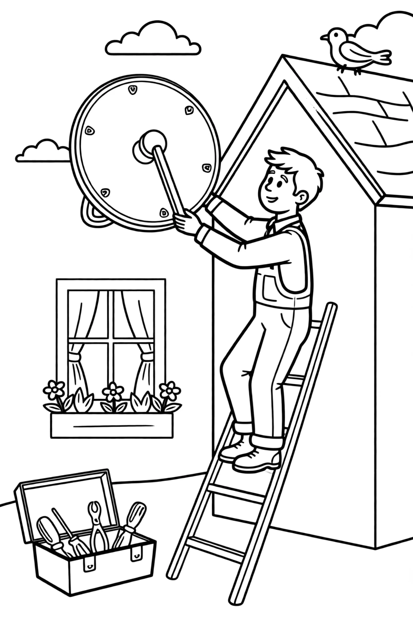 A telecommunications technician installs a satellite dish on the side of a house.