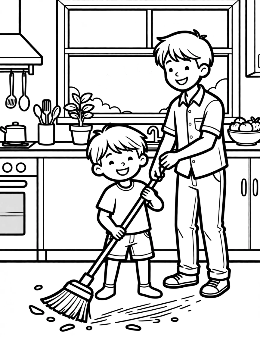 A giggling boy sweeping the kitchen floor with a big brother as the sun sets in orange and pink.