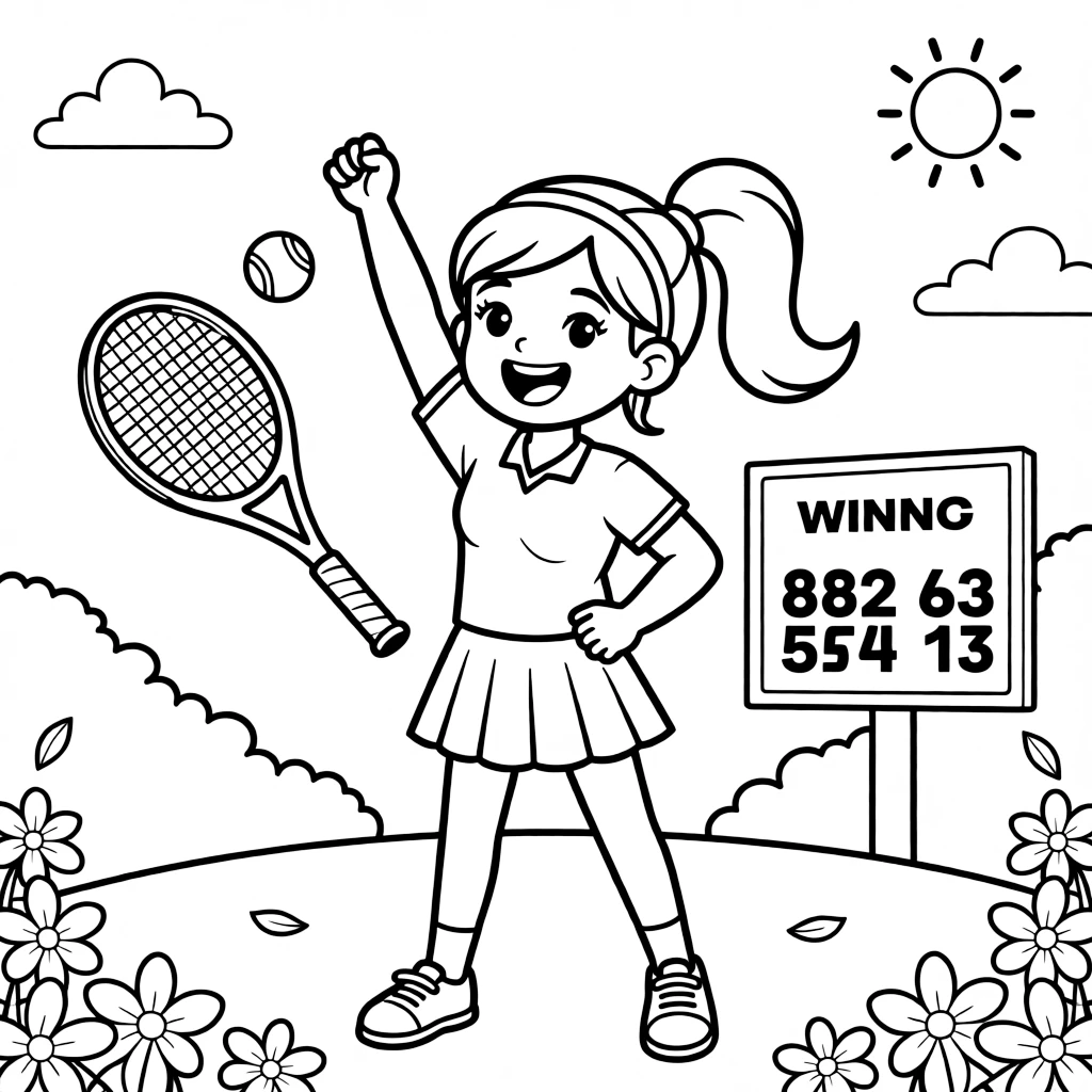 An energetic girl with a big smile, celebrating a winning point with a racket raised triumphantly overhead.