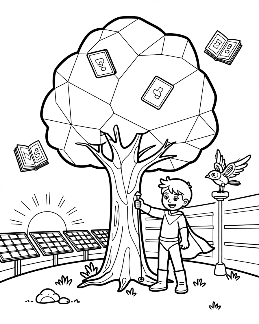 Major Orion, a bold fire-throwing superhero kid measuring the height of a giant crystal tree for a science project in a floating library filled with holographic books, as a row of solar panels catching the sunset and a robotic bird perched on a lamp post fill the scene.