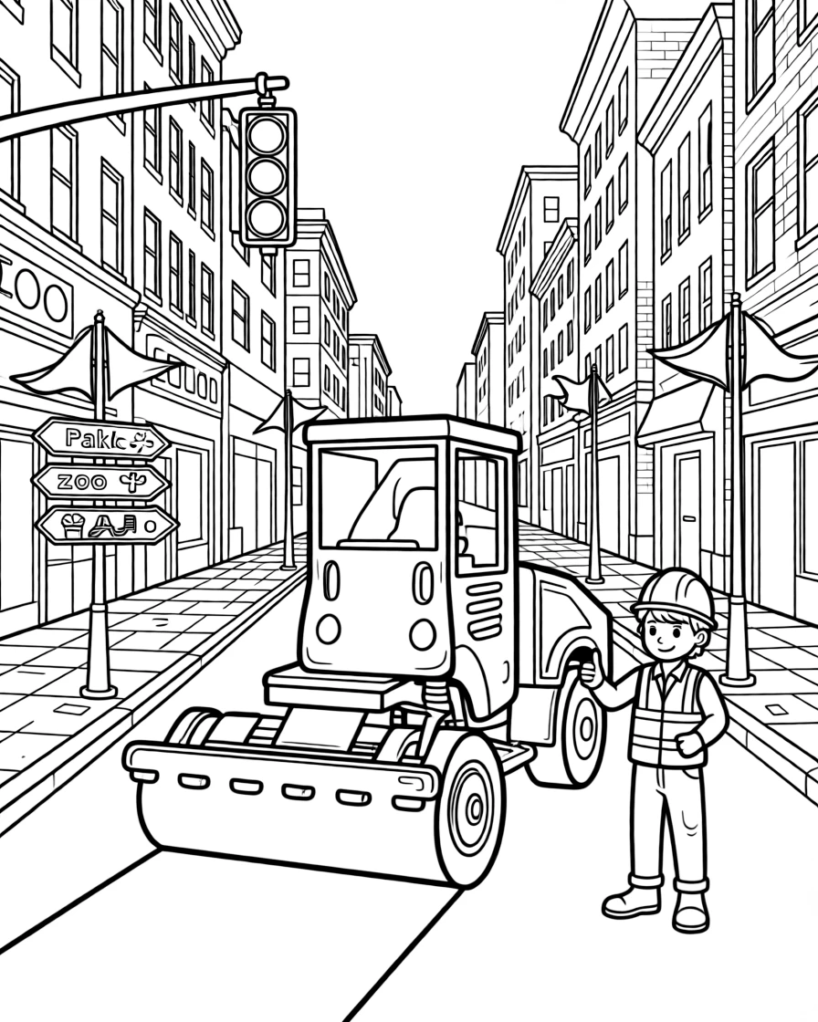 In this scene, a road paver laying down a ribbon of smooth asphalt is the star of a bustling city street lined with tall buildings and traffic lights, joined by a construction worker giving a big thumbs up, with road signs pointing toward fun destinations and colorful flags fluttering from every corner scattered throughout for kids to color.