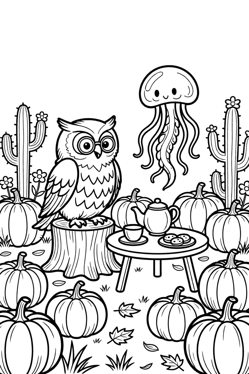 A wise old owl having a tea party with a jellyfish in a pumpkin patch in October, near a cactus garden.