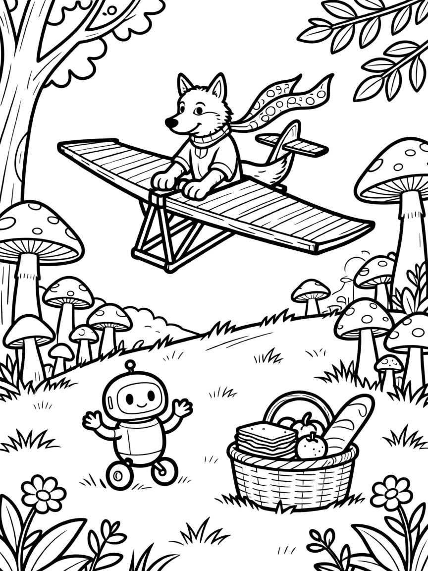 A gentle wolf pup musician is flying a homemade glider off a grassy hill in an enchanted forest full of glowing mushrooms, joined by a tiny robot rolling along on training wheels and a picnic basket overflowing with treats. Giggles echo happily through the whole valley.