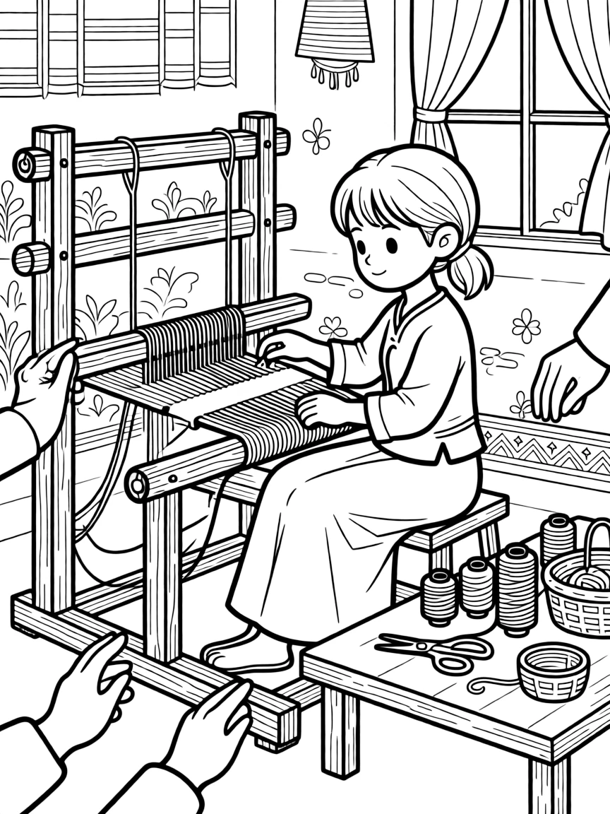 A coloring page of a weaver working colorful threads on a wooden loom in Laos, shown step by step with helpful hands and a workshop table full of materials.