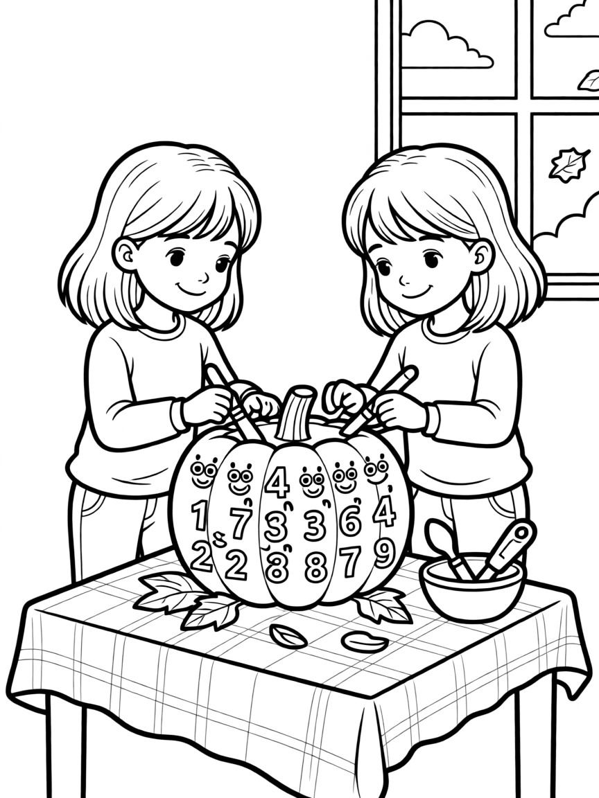 thoughtful twin sisters carve a pumpkin into the shape of a friendly counting chart.