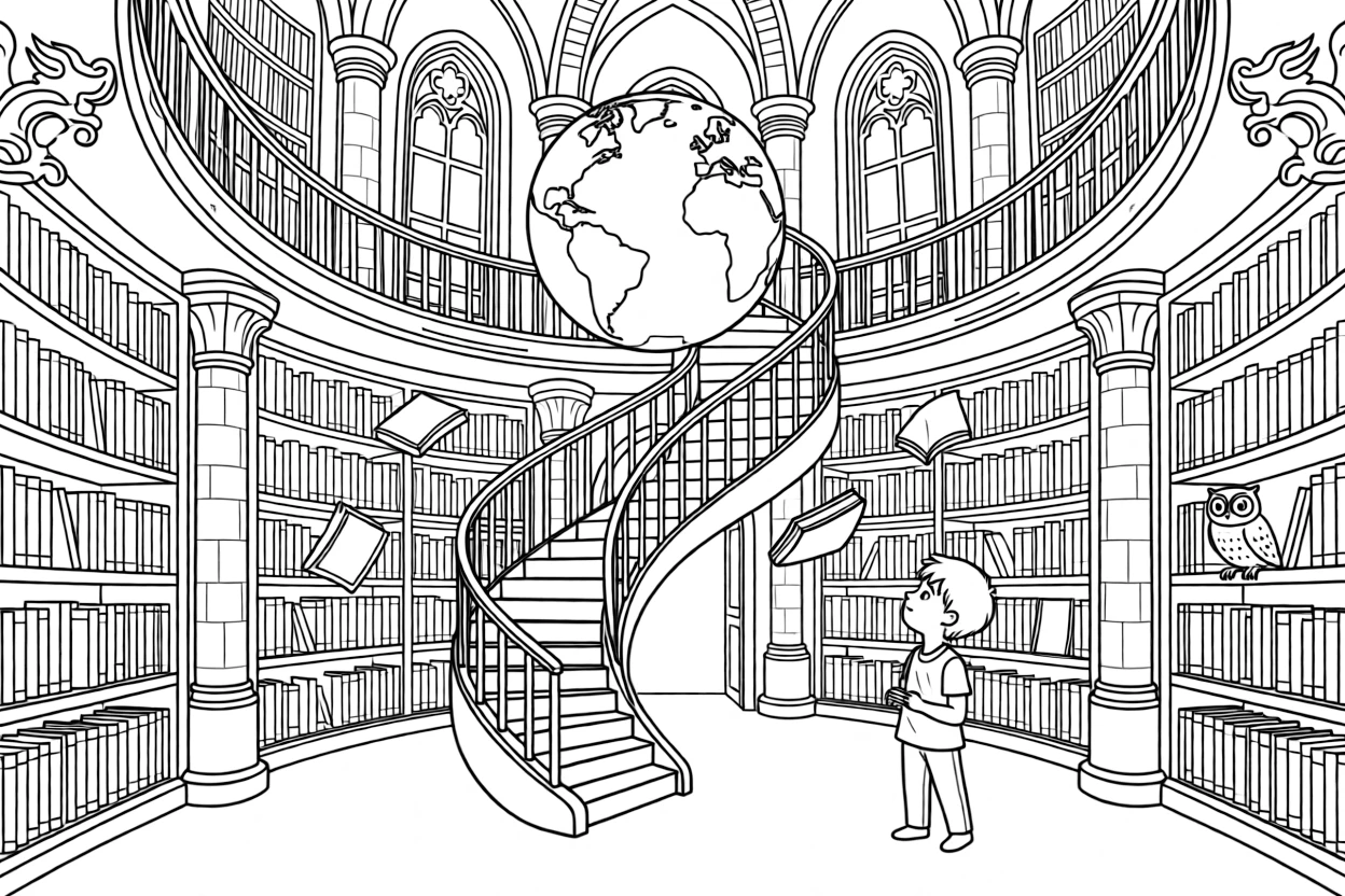 A castle's grand library has a spiral staircase wrapping around a floating globe, books flying between shelves on their own.