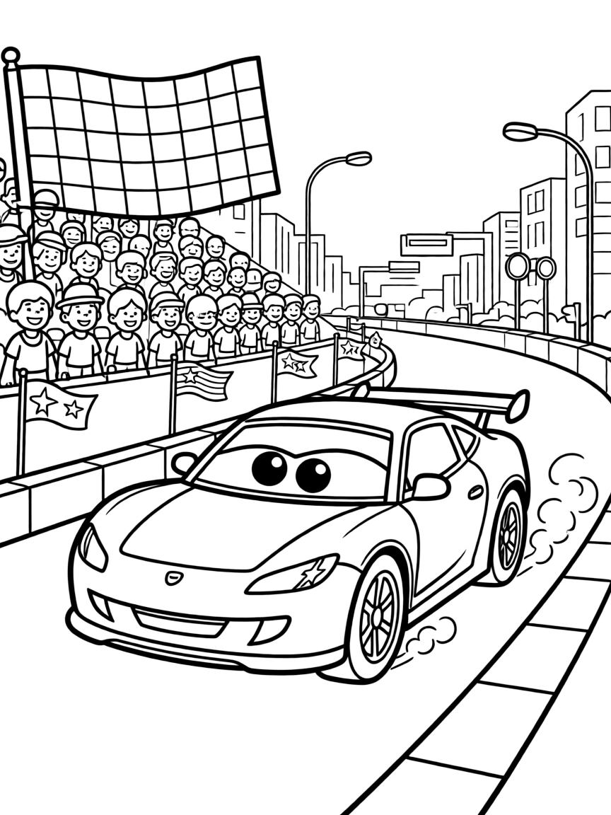 [Race Cars] a turbocharged sports car zooming past a checkered flag around a city street circuit, wide-eyed with wonder. Nearby, grandstands packed with excited fans line the track. Spectator flags line the guardrails. The scene is captured on a foggy morning, with dust kicked up by the wind, giving the page a lively and adventurous feel that invites plenty of colorful detail.