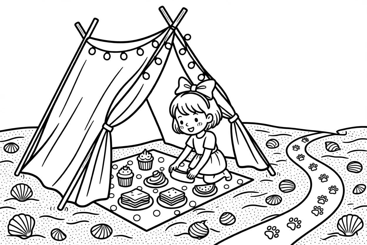 A girl with a bob haircut and a big ribbon is setting out a picnic blanket dotted with treats inside a blanket fort glowing with fairy lights. Close by, glittering seashells scattered on the sand and a trail of tiny paw prints leading away round out the happy picture.