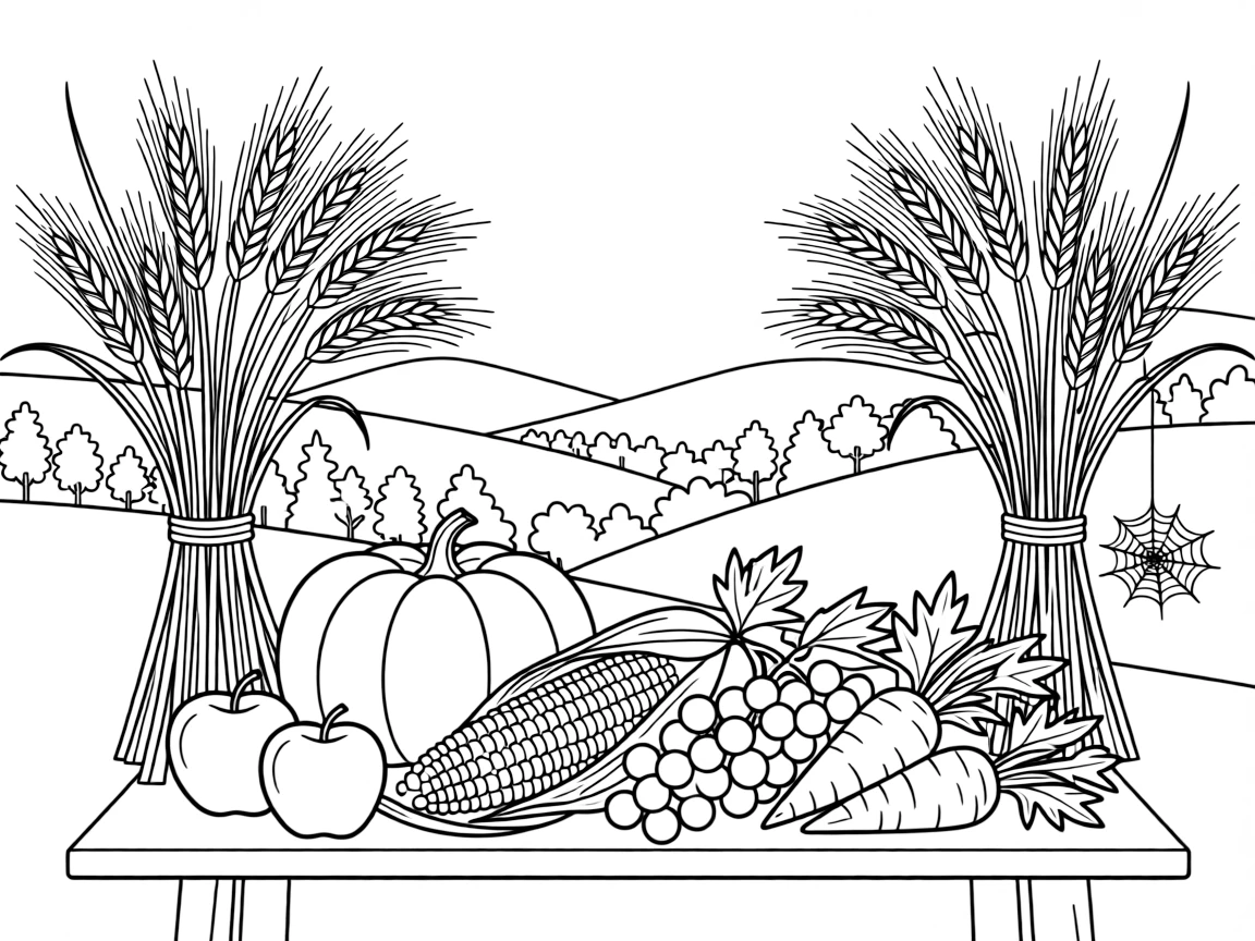 A close-up of a harvest table set with seasonal produce on a hillside overlooking a valley of changing leaves, surrounded by a bundle of golden wheat stalks and a spider spinning a delicate web.