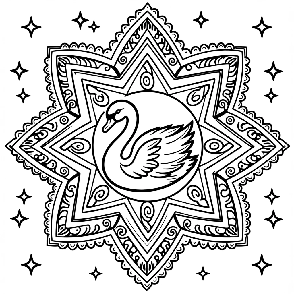 Birds: The main subject is a swan with an elegantly curved neck, drawn as the focal point of an eight-point star mandala framing the design. It is placed at the very center of the page, with the surrounding rings growing larger and more detailed toward the outer edge. Decorative details fill the surrounding space, including delicate lace-edged fringes, loops shaped like small bows, and tightly coiled spiral shells woven throughout the background. A playful extra touch completes the page: a few sparkling gem shapes dotted along the outer border.