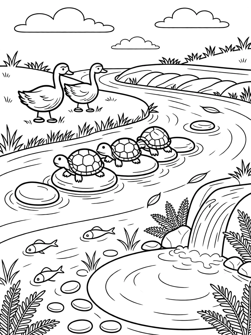[River Adventures] A family of turtles suns themselves on a row of flat stones poking out of the current. A family of geese waddles along the shore while minnows dart through the shallow water. The river winds past a small waterfall tumbling into a clear pool ringed with ferns. A gentle current carries fallen leaves downstream beneath a sky full of drifting clouds.