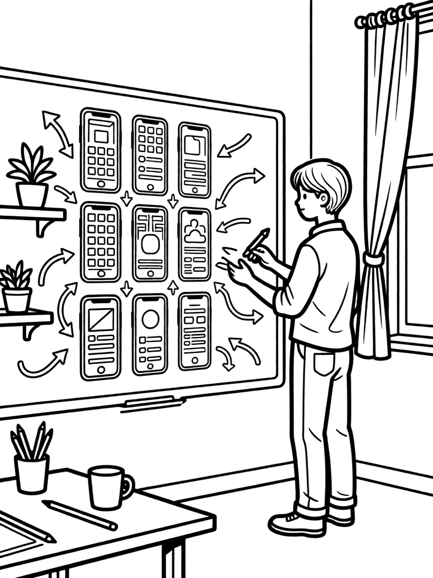 An app designer sketches colorful phone screens on a whiteboard covered in arrows.