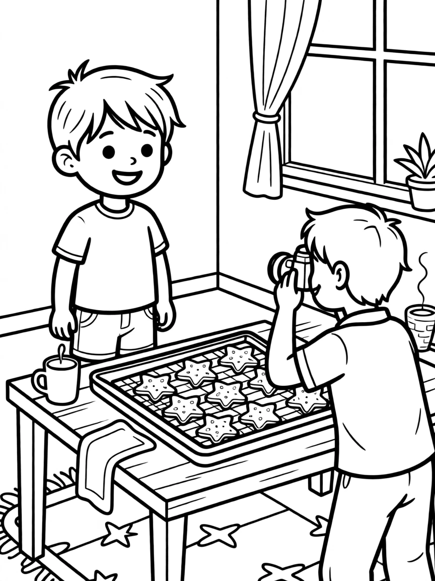 A little boy posing for a picture taken by a photographer as star-shaped cookies cool on a tray.