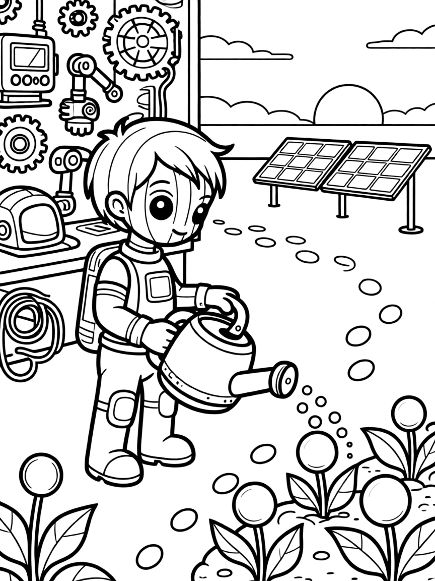 Skitter, an alien with rainbow-striped skin watering a garden of moon plants that glow at night, in a robot workshop cluttered with gears, wires, and half-built inventions, with a trail of glowing footprints leading into the distance and a row of solar panels catching the sunset nearby.