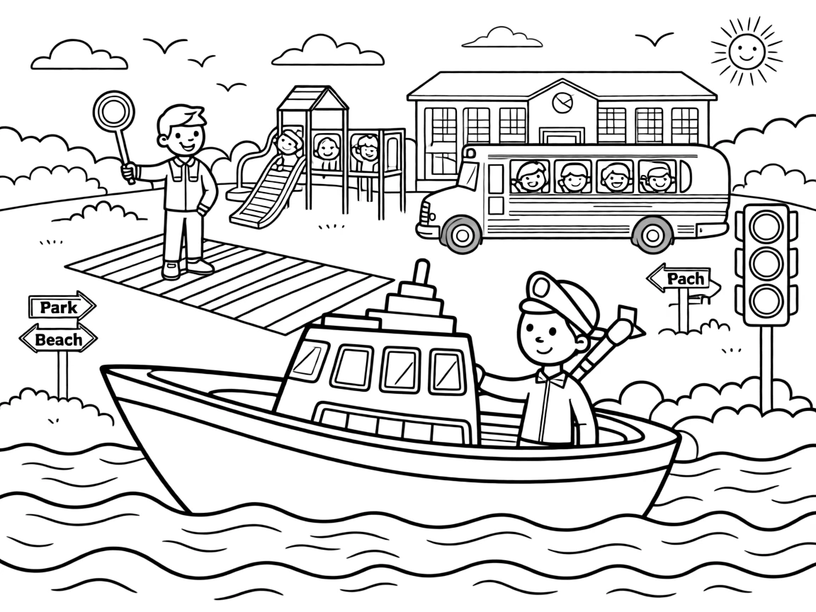 This page centers on a coast guard rescue boat riding over choppy waves exploring a sunny schoolyard with a crossing guard and playground, featuring a group of cheerful kids waving from the windows and little extras like road signs pointing toward fun destinations and a signal light blinking cheerfully.