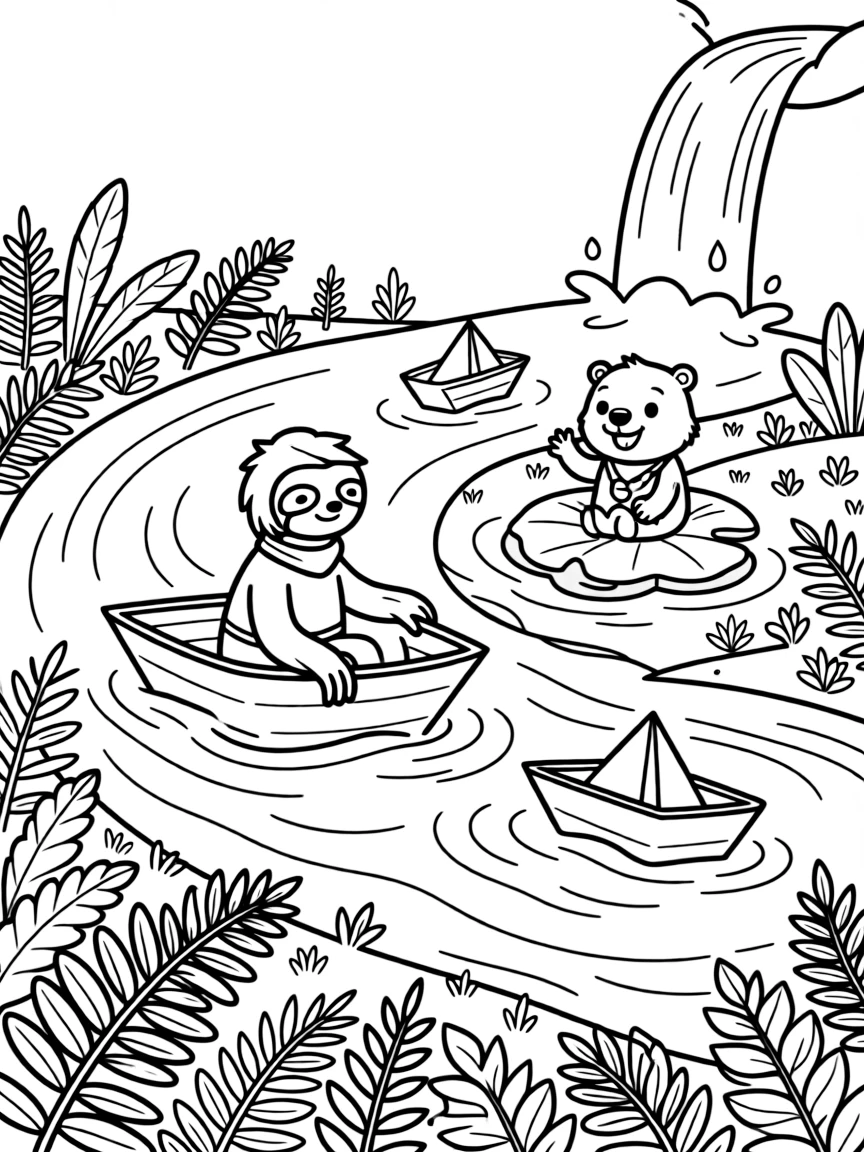 A sloth floating paper boats down a stream with a beaver on a floating lily raft, near a fern-covered forest floor, as a gentle waterfall splashes in the background.