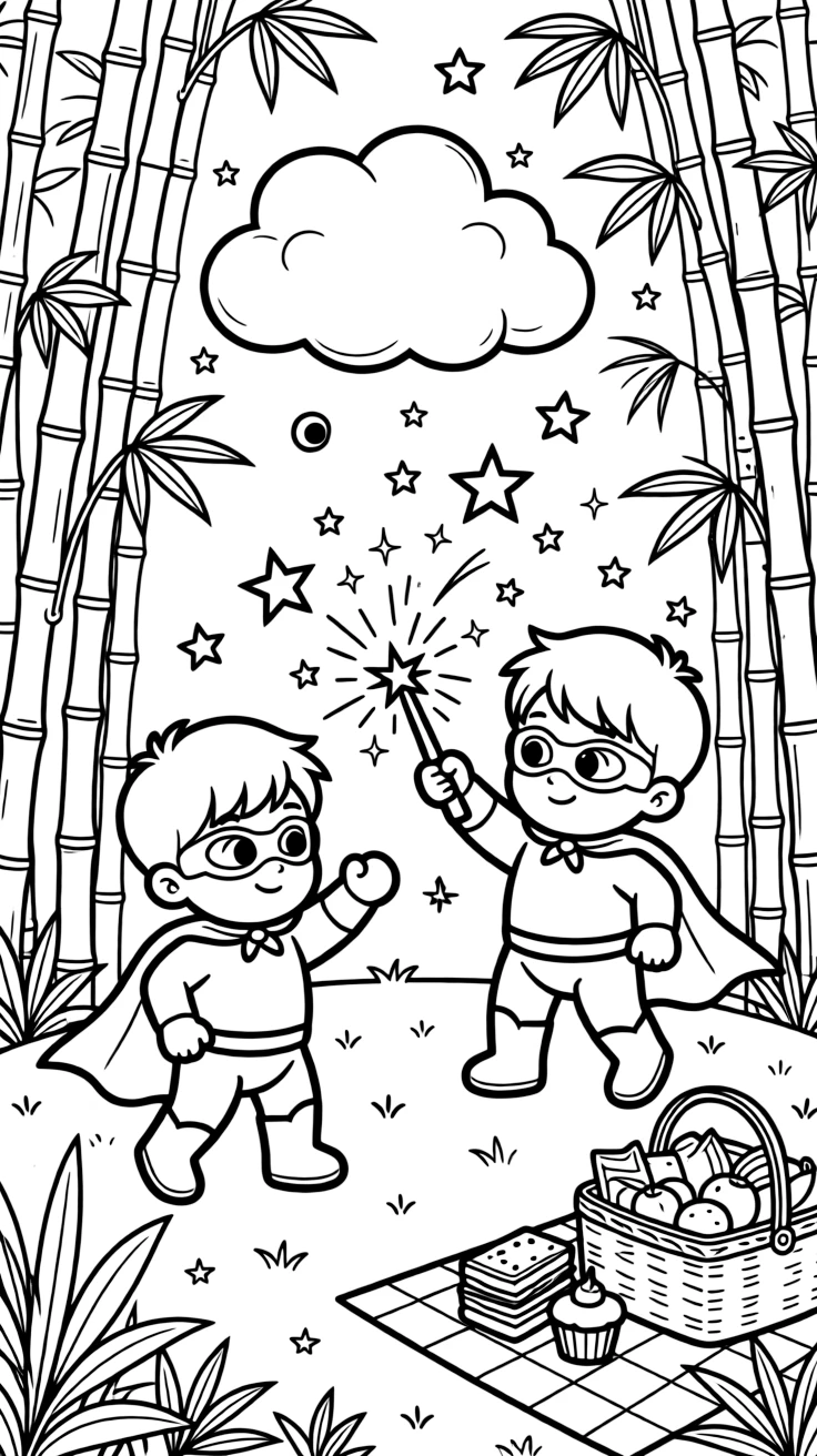 A chubby toddler superhero twins is practicing magic tricks with a sparkly wand in a bamboo forest clearing, joined by a picnic basket overflowing with treats and a cloud shaped like a giant marshmallow. Sparkles and stars fill the air with magic.
