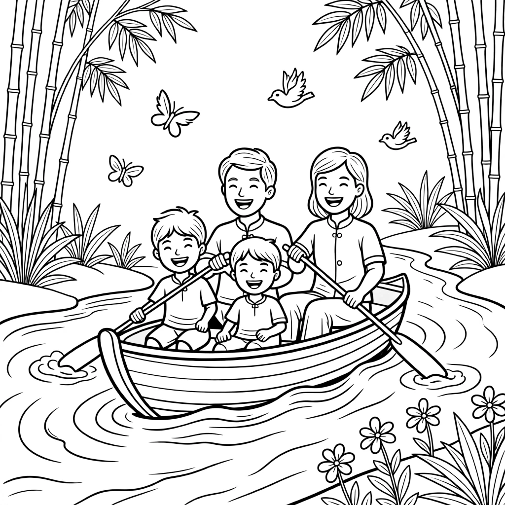A coloring page of a heartwarming family scene in Laos showing a family paddling a narrow boat down a jungle river, with everyone smiling and working together happily.