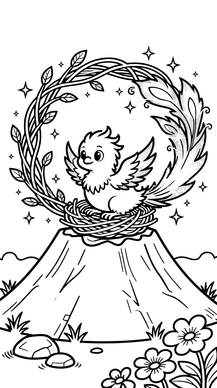 A baby phoenix chases its own sparkling tail feathers around a nest woven from golden branches atop a volcano.