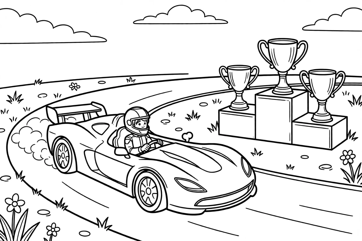 [Race Cars] A dynamic scene shows a sleek race car speeding around a hairpin turn on a winding racetrack, cheering with both fists raised. Close by, trophies gleam on a podium nearby. Exhaust pipes puff small clouds of smoke. The moment unfolds just after a rainstorm, under clear blue skies, filled with energetic detail perfect for a young colorist.