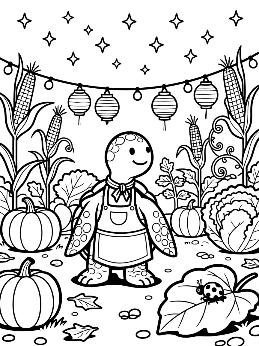 A gentle sea turtle is hanging paper lanterns for an evening celebration in a vegetable garden at harvest time. Scattered nearby, sparkling stars scattered across the sky and a curious ladybug resting on a leaf complete the joyful scene.