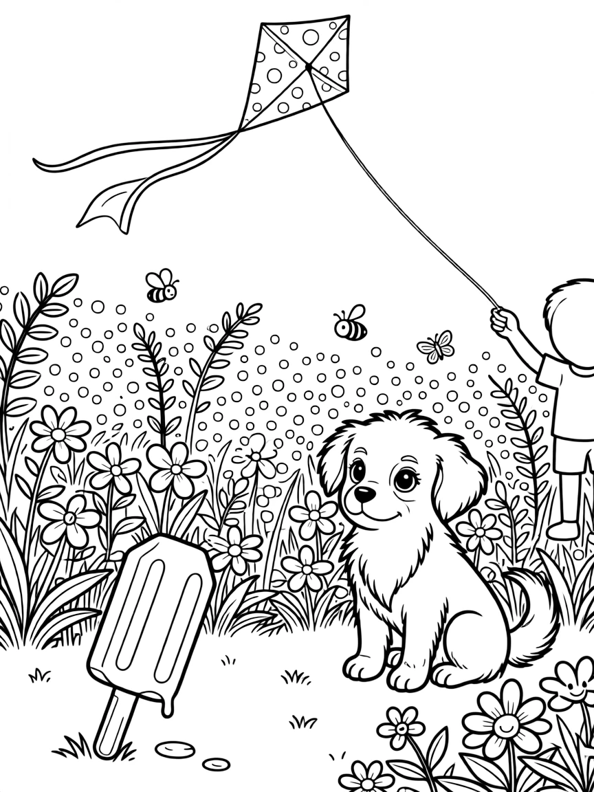 A meadow twinkling with hundreds of tiny lights in a garden buzzing with bees and butterflies, while a fluffy puppy looks on nearby, a popsicle melting in the sun and a kite soaring high overhead completing the scene.