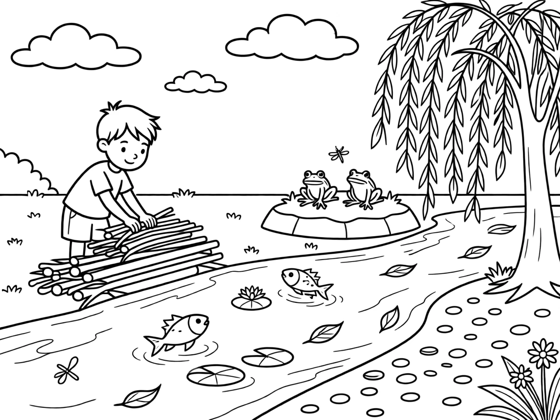 [River Adventures] A young beaver carefully stacks branches to build a cozy dam across a bubbling river. Fish leap playfully near a cluster of lily pads as frogs croak from a mossy rock. Willow trees dip their branches into the water beside a sandy bank scattered with pebbles. A gentle current carries fallen leaves downstream beneath a sky full of drifting clouds.
