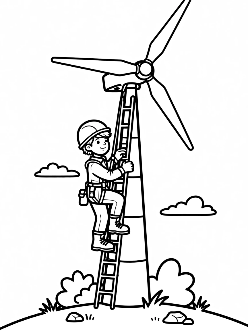 A wind turbine technician climbs the tall tower to check spinning blades.