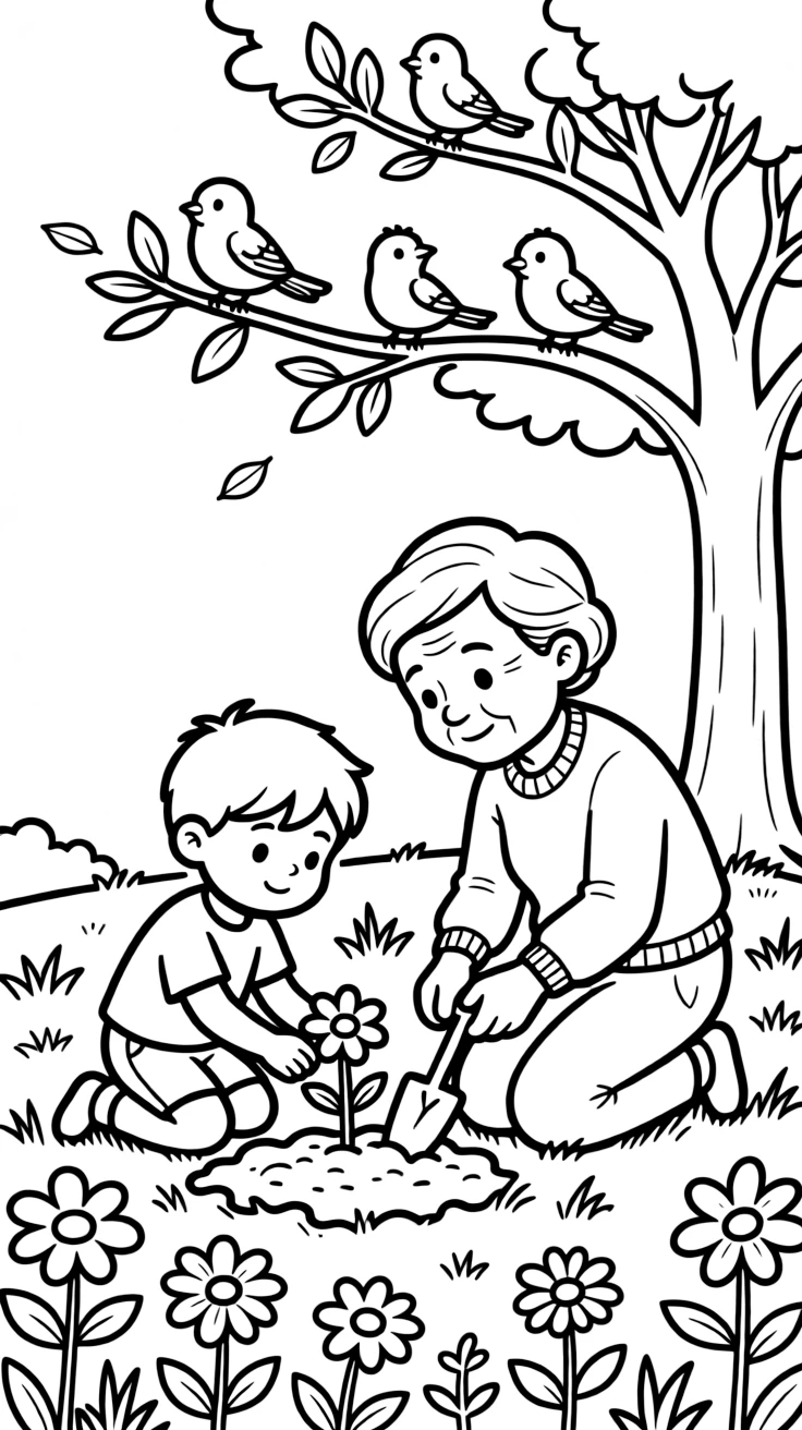 A small boy planting flowers together with a great-grandparent at the local park as birds chirp in a nearby tree.