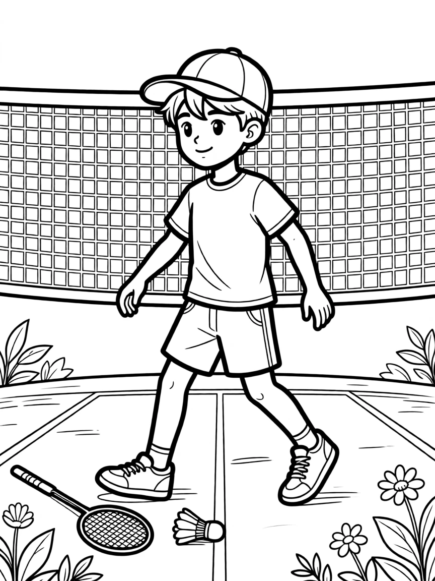A confident boy wearing a bright cap, practicing footwork drills, shuffling side to side beneath a badminton net.