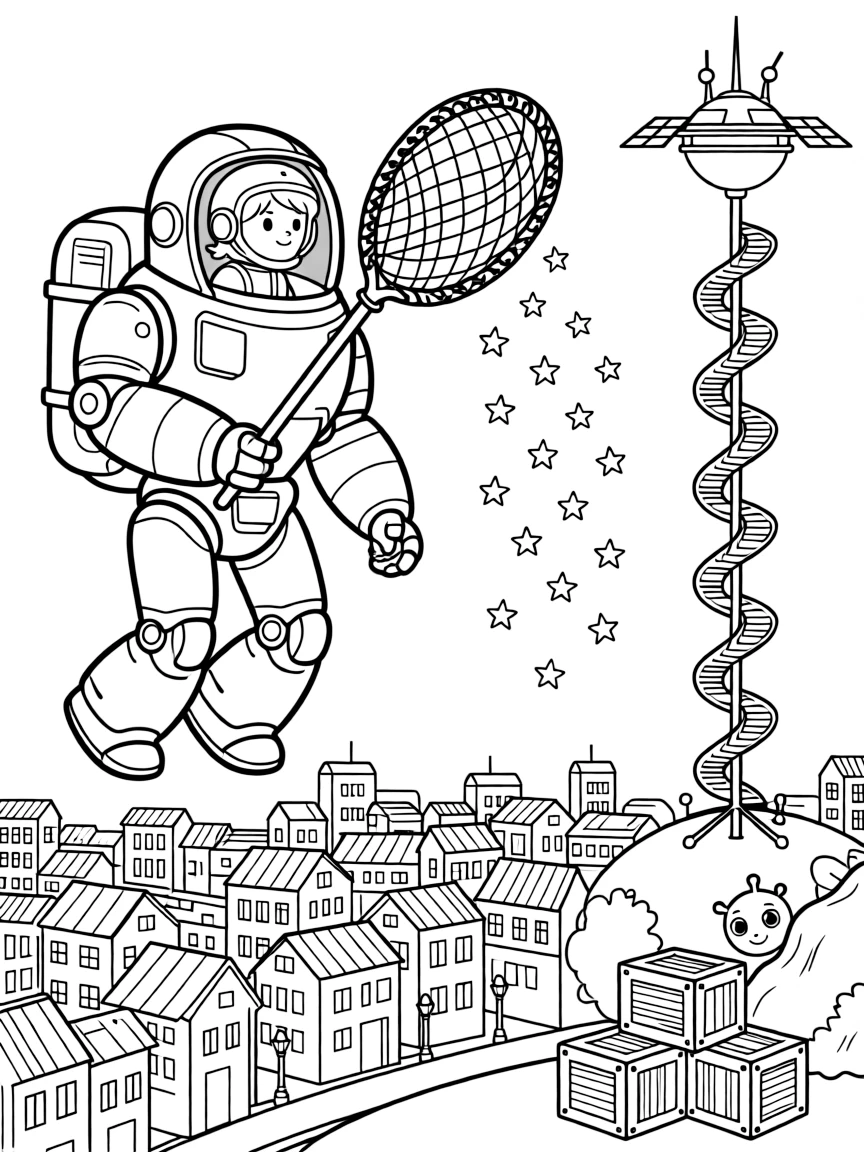 Young pilot Quasar riding inside the friendly giant mech Steel Falcon catching falling stardust in a giant net before it hits the city in a spiral space elevator connecting a planet to its orbiting station, as a stack of colorful supply crates and a curious alien creature peeking out from behind a rock fill the scene.