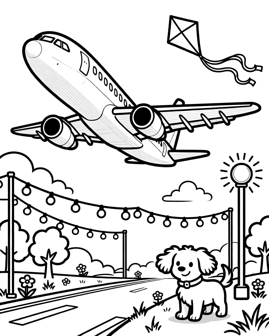 A coloring page featuring a big jet airliner climbing away from a runway, traveling through a festival ground lit up with strings of colorful lights, with a friendly dog with its ears flapping in the wind and a kite dancing in the breeze above and a signal light blinking cheerfully filling the scene.
