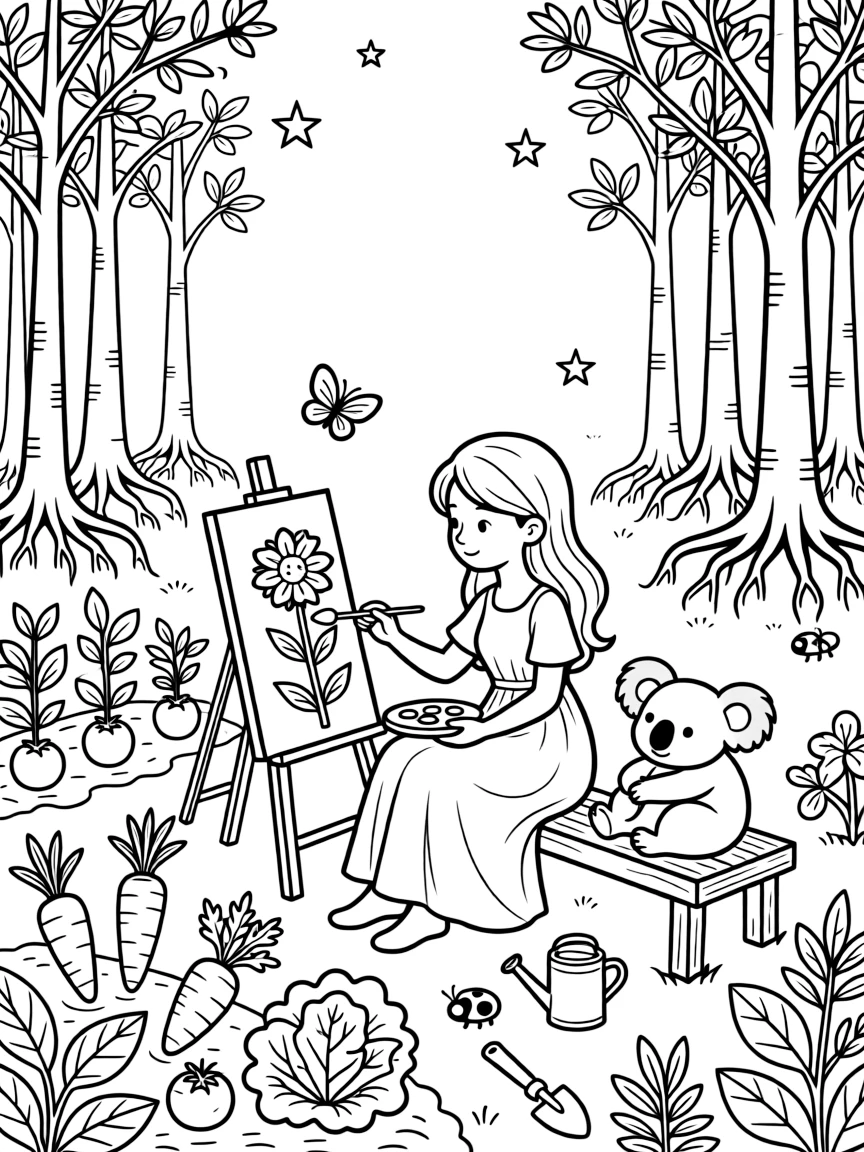 A gentle forest spirit in a backyard vegetable garden, painting flowers with a sleepy koala, next to a mangrove forest, as stars begin to twinkle above.