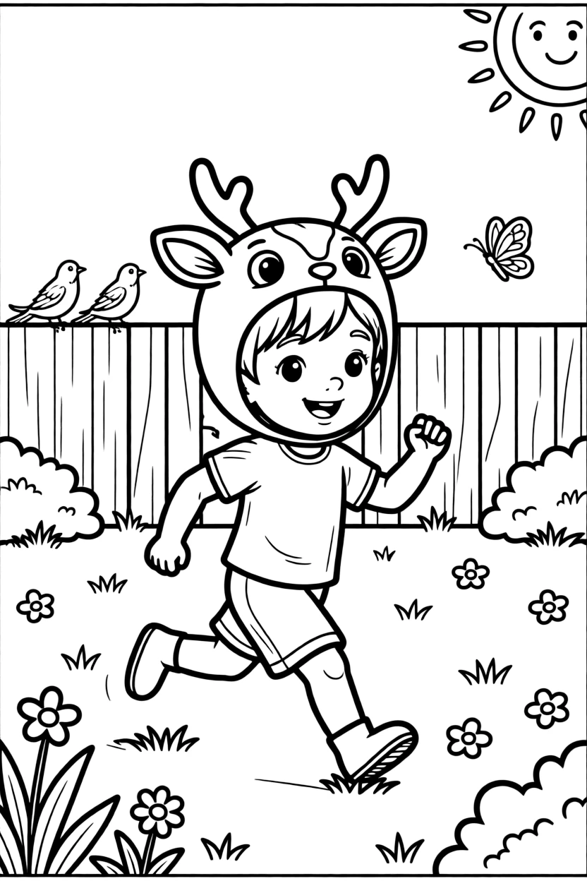A boy wearing a deer head running in the yard.