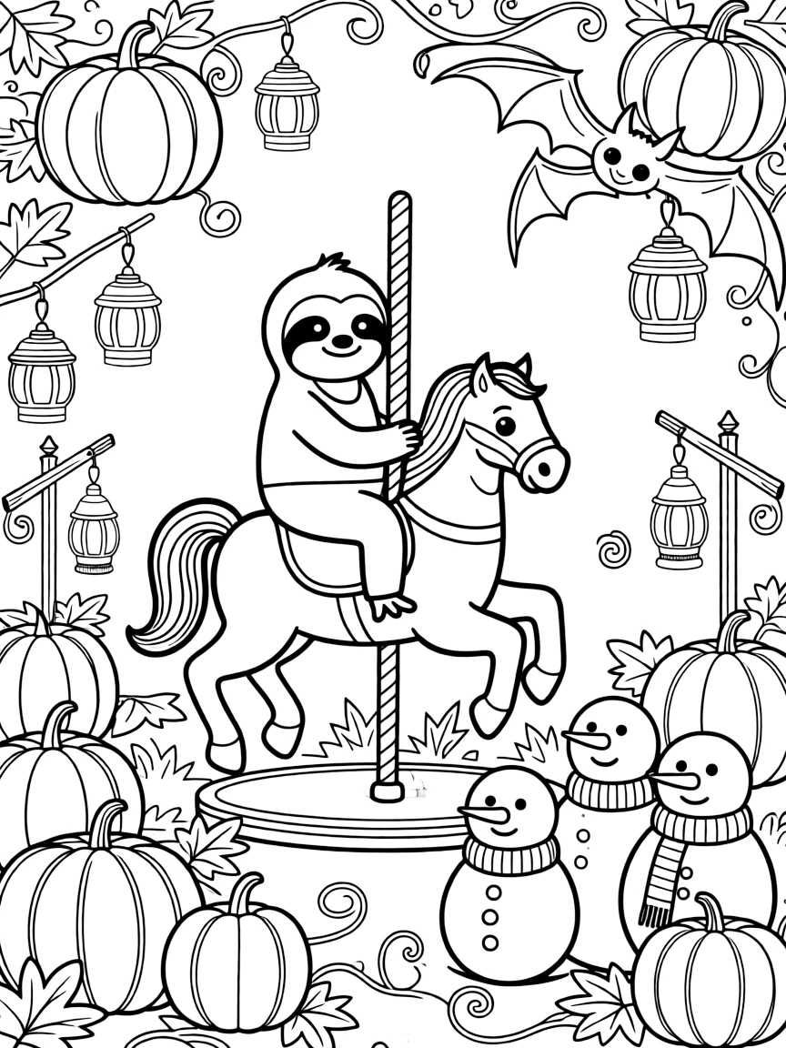 A round sloth yoga teacher is riding a carousel horse that has come to life in a pumpkin patch glowing with lanterns, joined by a group of snowmen wearing matching scarves and a friendly bat hanging upside down nearby. The whole scene bursts with joy and adventure.
