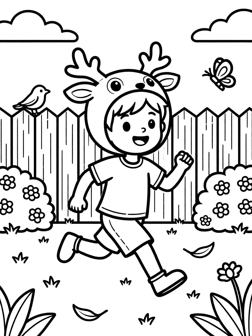 A boy wearing a deer head running in the yard.