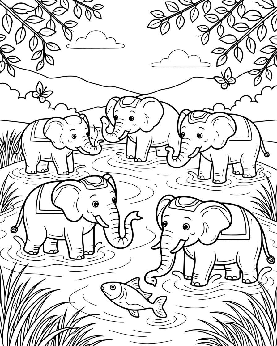 A coloring page spotlighting a herd of elephants bathing in a river in Laos, framed by leafy branches, tall grass, and a few playful smaller creatures nearby.