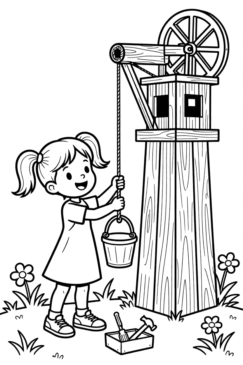 an adventurous little girl invents a simple pulley system to lift a toy bucket up a tower.