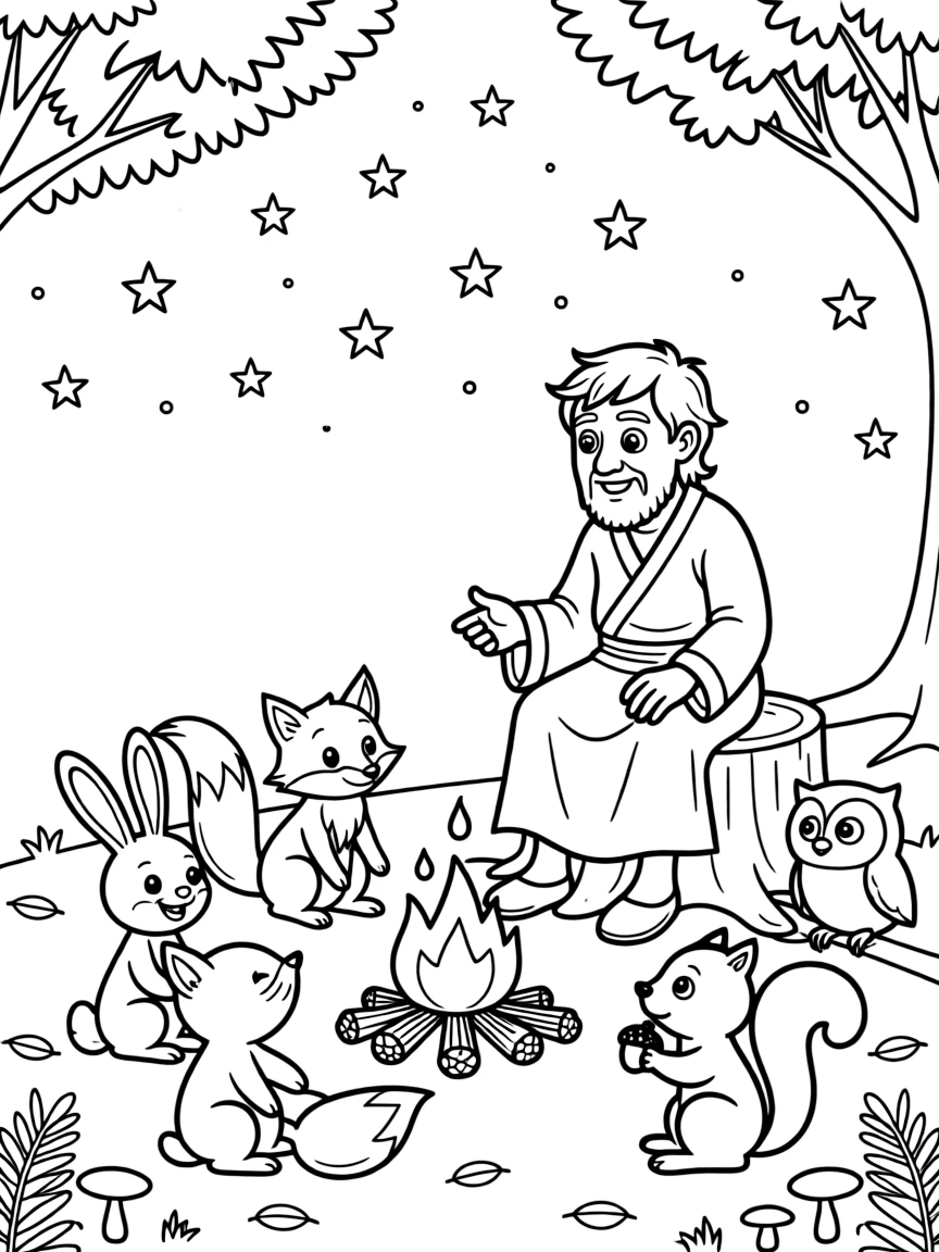 A centaur elder tells stories to a circle of young forest creatures around a crackling campfire beneath twinkling stars.
