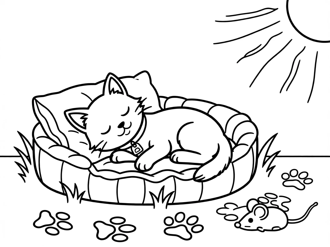 [Pets] a curious kitten napping in a cozy sunbeam beside a favorite pet bed, laughing joyfully, while paw prints trail across the floor fills the surrounding area. A collar with a small tag completes the look. Set at high noon, with heat waves shimmering in the distance, the page bursts with adventure and imagination.