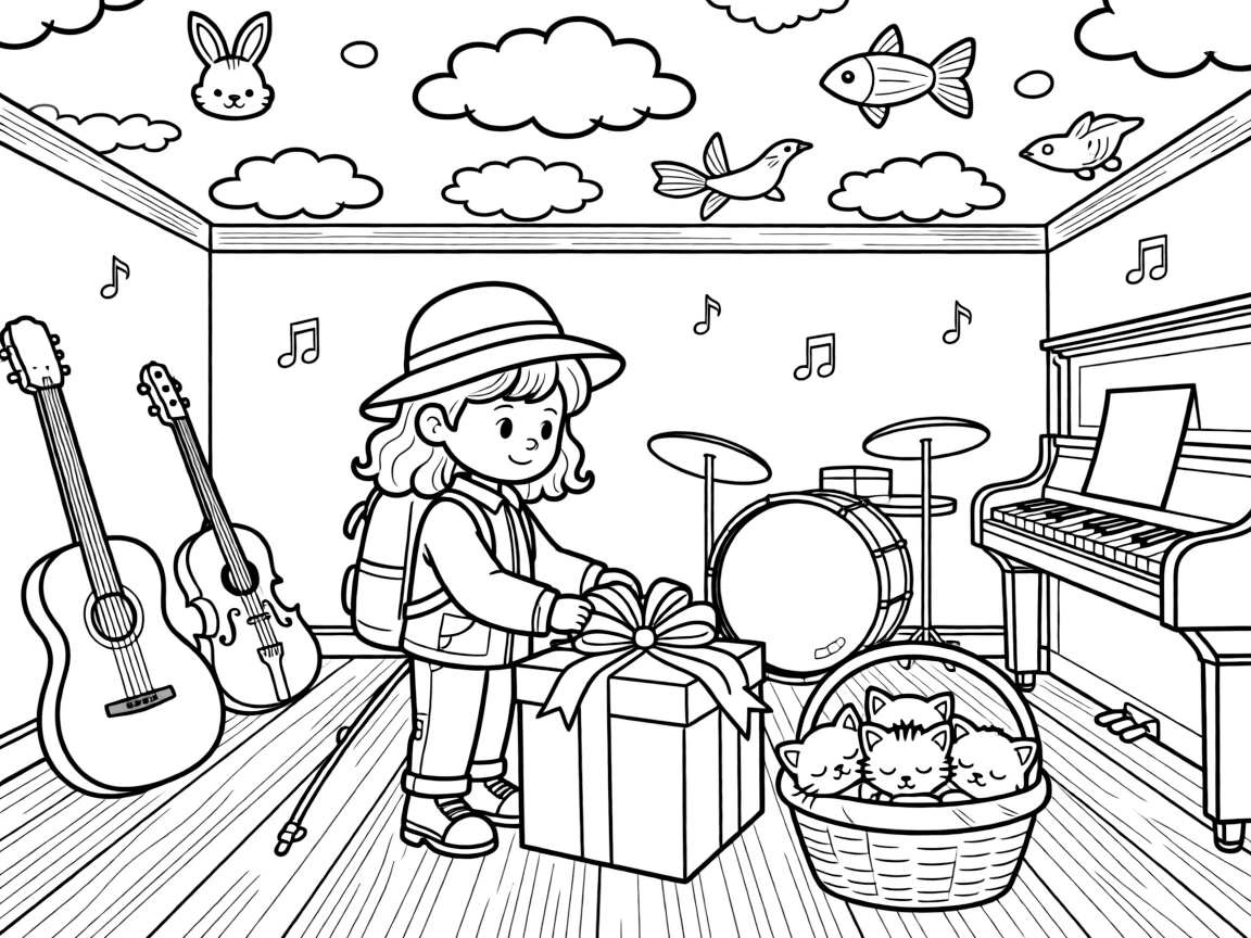 A girl hiker with a walking stick and floppy hat is wrapping a present with ribbon and a big bow inside a music room lined with instruments. Just beyond, a basket of sleepy kittens curled together and fluffy clouds shaped like little animals add a playful, cheerful touch.