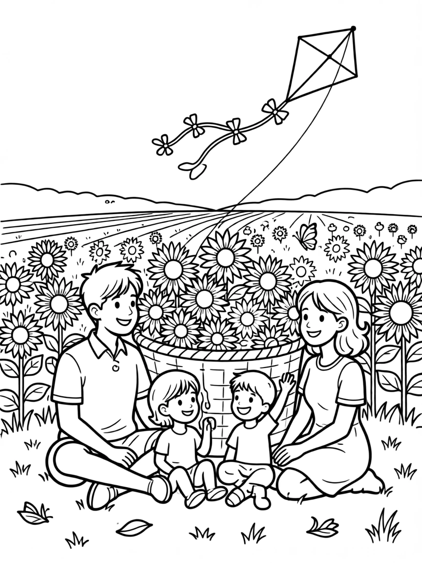 A whole smiling family sitting beside a basket of freshly cut sunflowers in a sunflower field stretching toward the horizon, with a popsicle melting in the sun and a kite soaring high overhead scattered about.