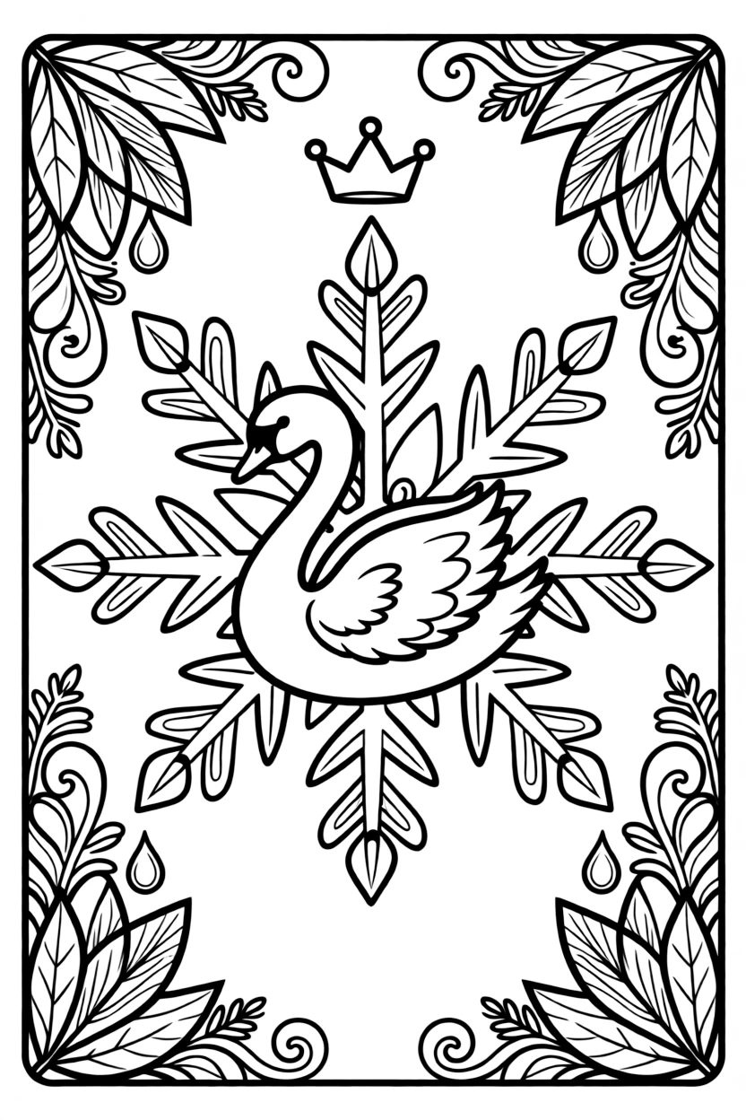 Birds: The page presents a small themed scene built around a swan with an elegantly curved neck, tied together by a snowflake-shaped mandala with six symmetrical arms. The scene is set within a framed scene where every element on one side is echoed by a twin on the opposite side. Decorative details fill the surrounding space, including layered leaf clusters, curling paisley teardrops, and curling fern-frond shapes woven throughout the background. A playful extra touch completes the page: a small crown resting just above the center of the design.