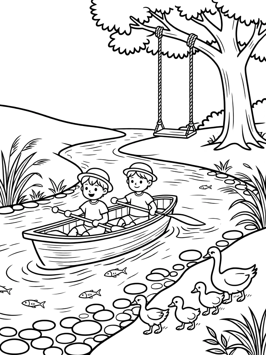 [River Adventures] Two children paddle a small wooden canoe past smooth boulders in a winding river. A family of geese waddles along the shore while minnows dart through the shallow water. A rope swing hangs from an old tree over a wide, calm bend in the river. Sunlight sparkles across the rippling water as a light breeze stirs the reeds along the bank.