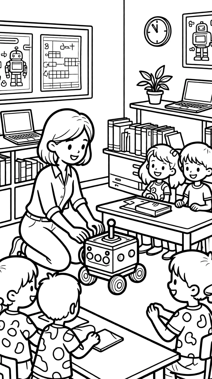 A robotics teacher helps a class of kids program a small rolling robot.