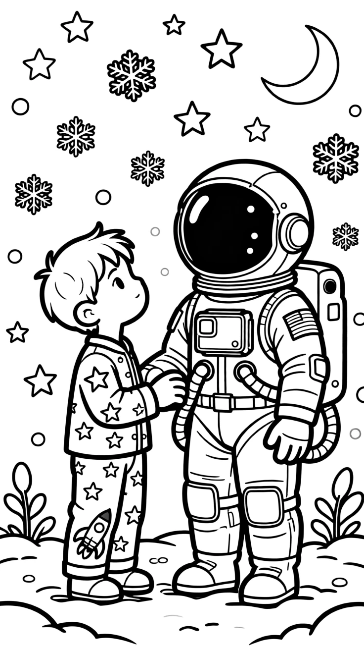 A little brother dreaming of space next to an astronaut while snowflakes fall softly.